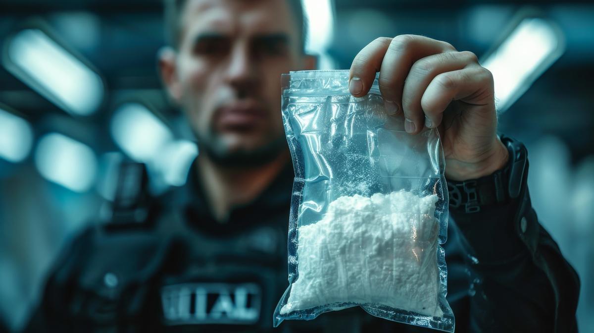 A policeman holds a seized bag of white powder. The concept of illegal drug trade